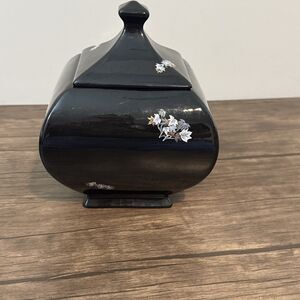 Vintage Lidded Ginger Jar | Black Glass W/ Floral Pattern | Rare Square Shape